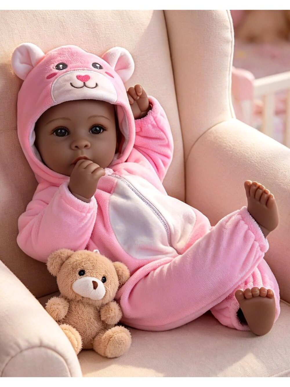 17-Inch Pink Bear Realistic Black Baby Dolls Soft Body Girl Gift Set for Kids 3+